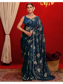 SATRANI - Rama Blue Foil Printed Lace Georgette Saree With Unstitched Blouse