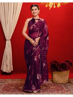 SATRANI - Wine Foil Printed Lace Georgette Saree With Unstitched Blouse