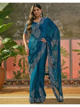 SATRANI - Peacock Blue Stone Work Border Shimmer Chiffon Saree With Unstitched Blouse