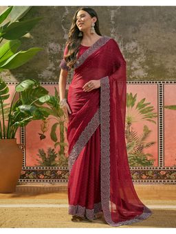 SATRANI - Maroon Stone Work Scalloped Border Shimmer Chiffon Saree With Unstitched Blouse