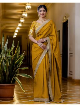 SATRANI - Mustard Yellow Lace Silk Saree With Unstitched Blouse