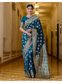 SATRANI - Peacock Blue Weaving Tassels Silk Saree With Unstitched Blouse