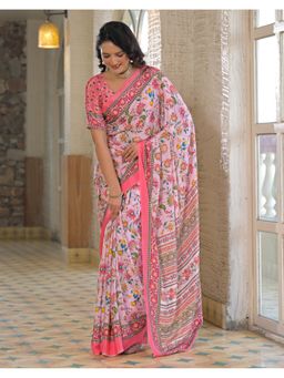 SATRANI - Baby Pink Floral Printed Crepe Silk Saree With Unstitched Blouse