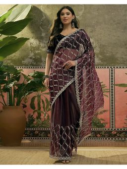 SATRANI - Wine Sequins Embroidery Border Net Saree With Unstitched Blouse