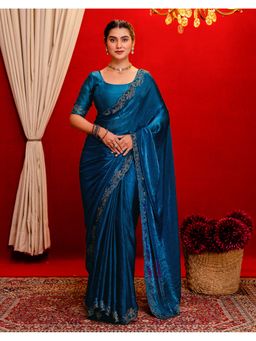 SATRANI - Teal Blue Stone Work Scalloped Border Shimmer Tissue Saree With Unstitched Blouse