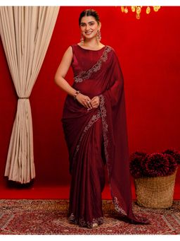 SATRANI - Maroon Stone Work Scalloped Border Shimmer Tissue Saree With Unstitched Blouse