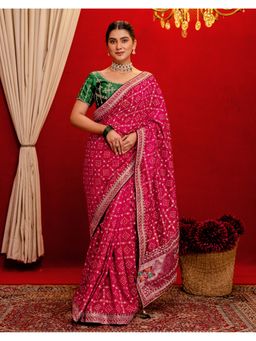 SATRANI - Dark Pink Bandhani Printed Silk Saree With Unstitched Blouse