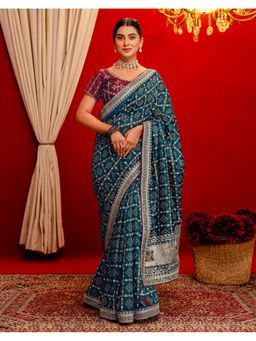 SATRANI - Blue Bandhani Printed Silk Saree With Unstitched Blouse
