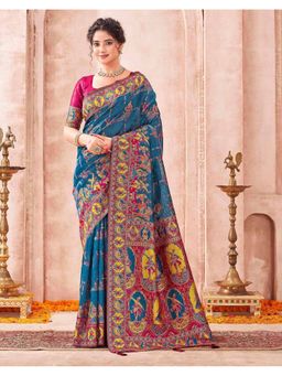 SATRANI - Women Teal Blue Weaving Tassels Silk Saree With Unstitched Blouse