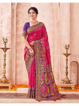 SATRANI - Dark Pink Weaving Tassels Silk Saree With Unstitched Blouse