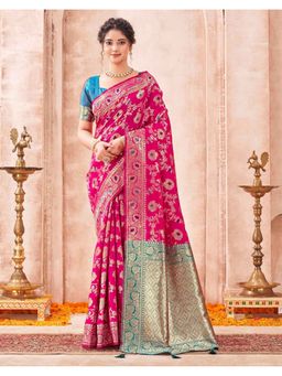 SATRANI - Women Rani Pink Weaving Tassels Silk Saree With Unstitched Blouse