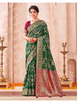 SATRANI - Women Dark Green Weaving Tassels Silk Saree With Unstitched Blouse