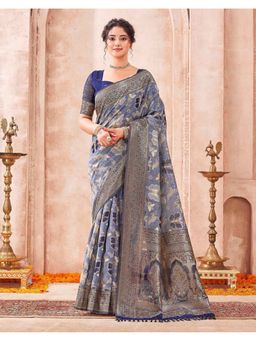 SATRANI - Dusty Blue Weaving Tassels Chanderi Cotton Saree With Unstitched Blouse