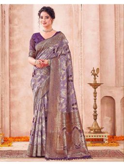 SATRANI - Light Purple Weaving Tassels Chanderi Cotton Saree With Unstitched Blouse