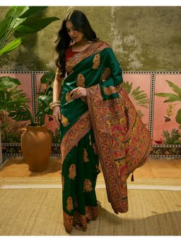 SATRANI - Dark Green Weaving Tassels Silk Saree With Unstitched Blouse