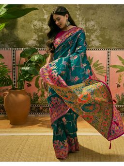 SATRANI - Teal Green Weaving Tassels Silk Saree With Unstitched Blouse