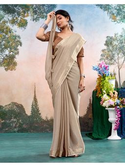 SATRANI - Dusty Beige Weaving Border Tassels Chiffon Saree With Unstitched Blouse