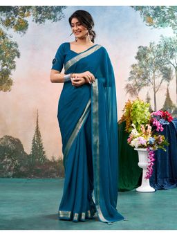 SATRANI - Peacock Blue Weaving Border Tassels Chiffon Saree With Unstitched Blouse