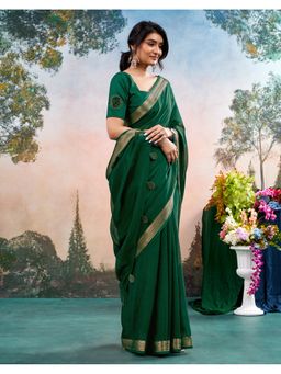 SATRANI - Dark Green Weaving Border Tassels Chiffon Saree With Unstitched Blouse