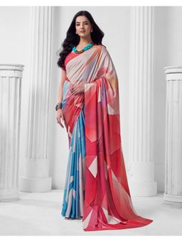 SATRANI - Pink Blue Printed Crepe Saree With Unstitched Blouse