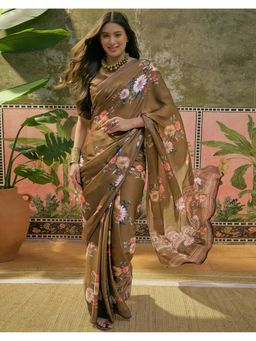 SATRANI - Dark Olive Green Floral Printed Satin Saree With Unstitched Blouse