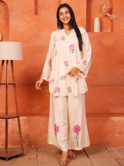GULABI DORI - Women White Rose Print Shantung Silk Co-Ord Set