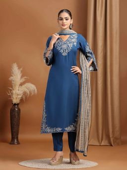 Cotton Culture - Women Indigo Embroidered Straight Kurta with Pant and Dupatta