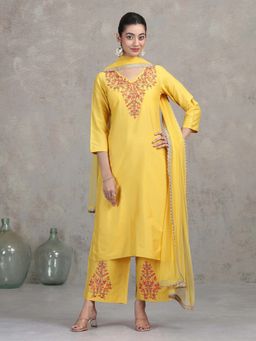 Cotton Culture - Women Yellow Floral Embroidered Kurta with Pant and Dupatta