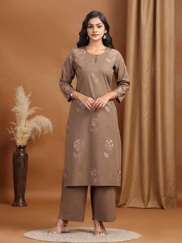 Cotton Culture - Women Light Brown Floral Embroidered Cotton Straight Co-Ord Set