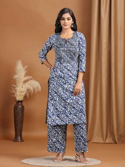 Cotton Culture - Women Navy Blue Floral Embroidered Cotton Straight Co-Ord Set
