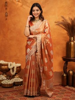 ALMAARI FASHION - Women Orange Silk Embroidered Saree with Unstitched Blouse