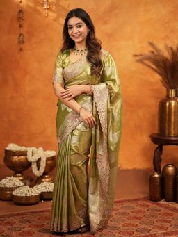 ALMAARI FASHION - Women Green Silk Embroidered Saree with Unstitched Blouse