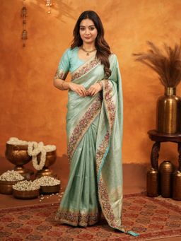 ALMAARI FASHION - Women Blue Silk Embroidered Saree with Unstitched Blouse