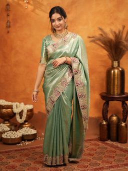 ALMAARI FASHION - Women Green Silk Embroidered Saree with Unstitched Blouse