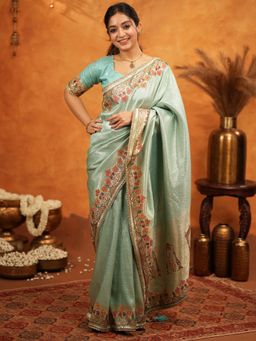 ALMAARI FASHION - Women Green Silk Embroidered Saree with Unstitched Blouse