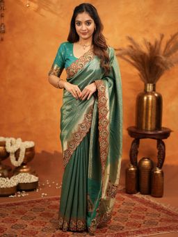 ALMAARI FASHION - Women Green Silk Embroidered Saree with Unstitched Blouse