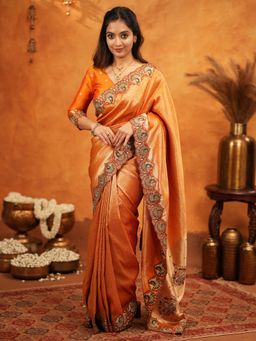 ALMAARI FASHION - Women Orange Silk Embroidered Saree with Unstitched Blouse