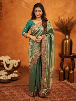 ALMAARI FASHION - Women Green Silk Embroidered Saree with Unstitched Blouse