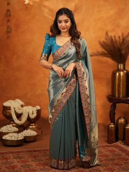 ALMAARI FASHION - Women Teal Silk Embroidered Saree with Unstitched Blouse