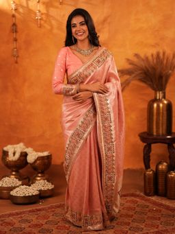 ALMAARI FASHION - Women Peach Silk Embroidered Saree with Unstitched Blouse