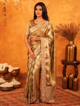 ALMAARI FASHION - Women Brown Silk Embroidered Saree with Unstitched Blouse