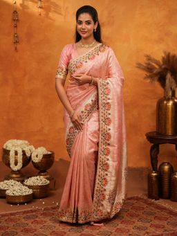 ALMAARI FASHION - Women Peach Silk Embroidered Saree with Unstitched Blouse