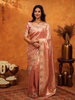 ALMAARI FASHION - Women Peach Silk Embroidered Saree with Unstitched Blouse