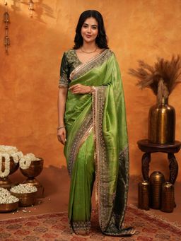 ALMAARI FASHION - Women Green Silk Embroidered Saree with Unstitched Blouse