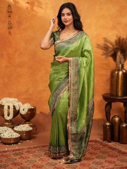 ALMAARI FASHION - Women Green Silk Embroidered Saree with Unstitched Blouse