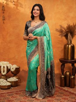 ALMAARI FASHION - Women Teal Silk Embroidered Saree with Unstitched Blouse