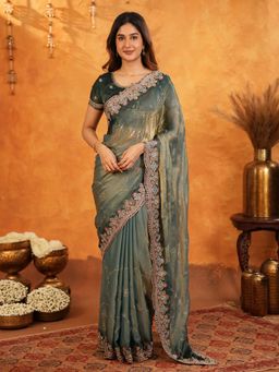 ALMAARI FASHION - Women Green Satin Embroidered Saree with Unstitched Blouse