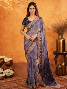 ALMAARI FASHION - Women Blue Satin Embroidered Saree with Unstitched Blouse