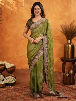 ALMAARI FASHION - Women Olive Satin Embroidered Saree with Unstitched Blouse