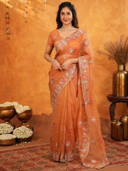 ALMAARI FASHION - Women Orange Satin Embroidered Saree with Unstitched Blouse